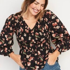 Old Navy Black Orange Floral Smocked Longsleeve V-neck Blouse Womens Medium